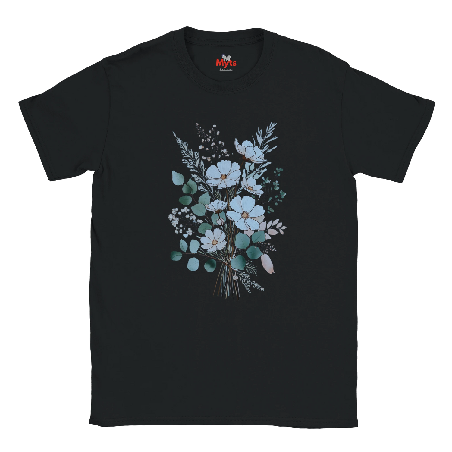 A black short-sleeve crewneck t-shirt featuring a central graphic print of a floral bouquet with light blue, white, and green flowers and leaves, displayed on a solid white background.