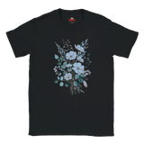 A black short-sleeve crewneck t-shirt featuring a central graphic print of a floral bouquet with light blue, white, and green flowers and leaves, displayed on a solid white background.