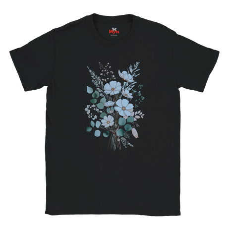 A black short-sleeve crewneck t-shirt featuring a central graphic print of a floral bouquet with light blue, white, and green flowers and leaves, displayed on a solid white background.