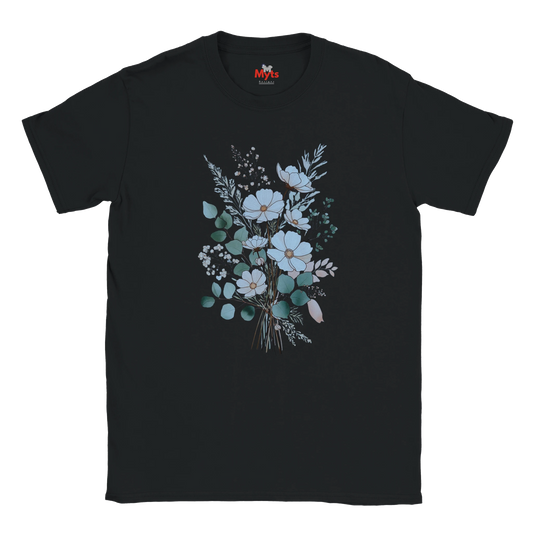 A black short-sleeve crewneck t-shirt featuring a central graphic print of a floral bouquet with light blue, white, and green flowers and leaves, displayed on a solid white background.