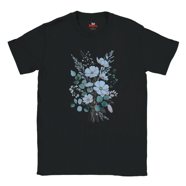 A black short-sleeve crewneck t-shirt featuring a central graphic print of a floral bouquet with light blue, white, and green flowers and leaves, displayed on a solid white background.