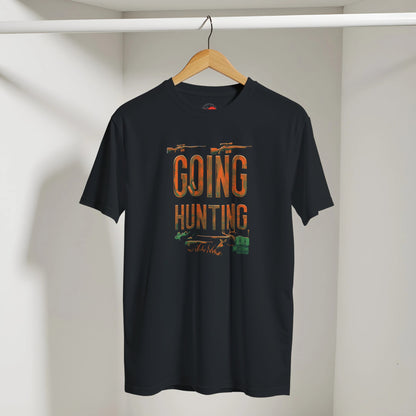 Black t-shirt with 'Going Hunting' text on a hanger against a white wall