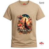 Sand-coloured T-shirt with Unbound Dreams celestial landscape, floating castles and vibrant floral graphic.