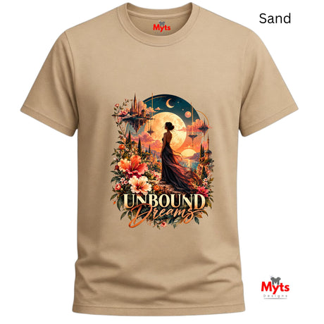 Sand-coloured T-shirt with Unbound Dreams celestial landscape, floating castles and vibrant floral graphic.
