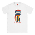 White t-shirt with colorful graphic design and text on a white background