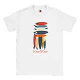 White t-shirt with colorful graphic design and text on a white background