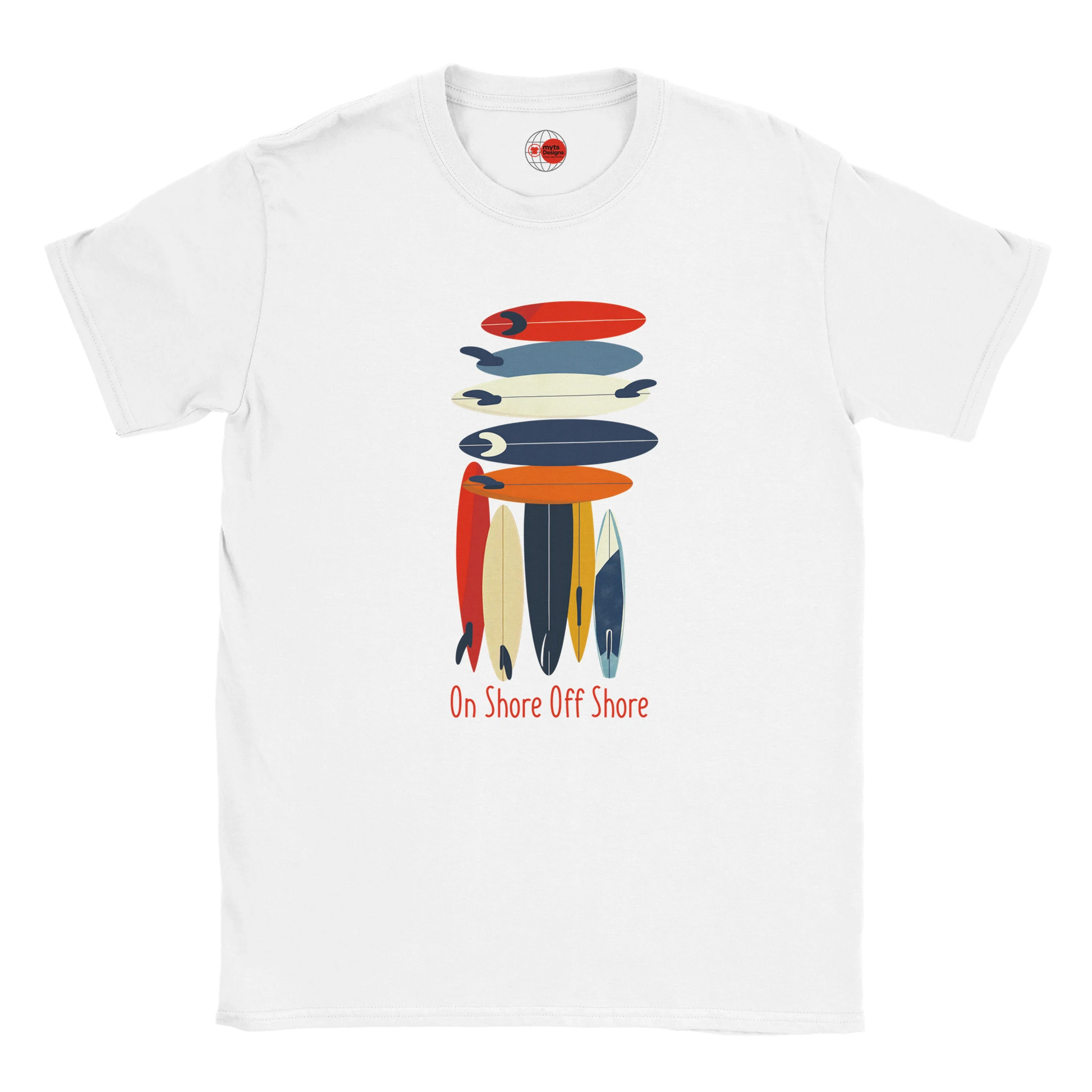 White t-shirt with colorful graphic design and text on a white background