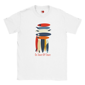 White t-shirt with colorful graphic design and text on a white background