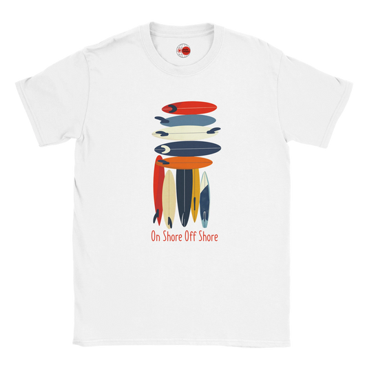 White t-shirt with colorful graphic design and text on a white background
