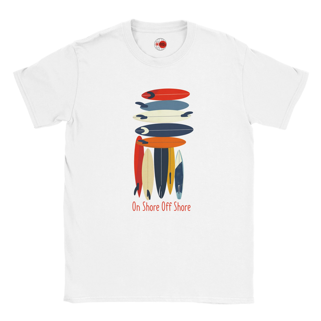 White t-shirt with colorful graphic design and text on a white background