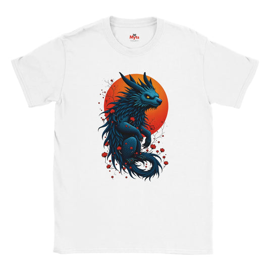 White t-shirt with a blue dragon design on a white background
