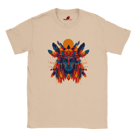 Front view of T-shirt with American Indian-style geometric vector design on natural cotton fabric – soft unisex fit