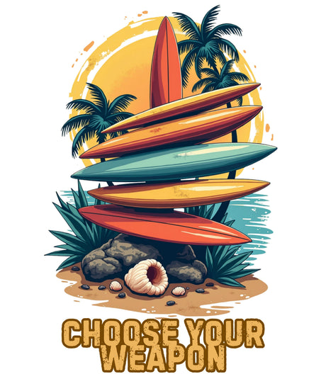 Stack of colorful surfboards with palm trees and the text 'Choose Your Weapon' on a white background.