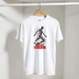 White t-shirt with graphic design and text on a hanger against a plain background