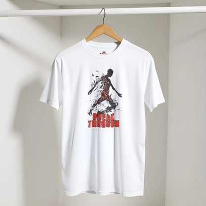 White t-shirt with graphic design and text on a hanger against a plain background