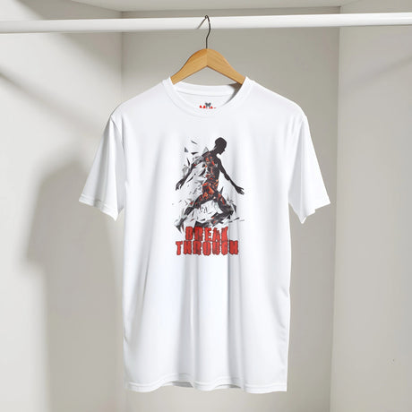 White t-shirt with graphic design and text on a hanger against a plain background