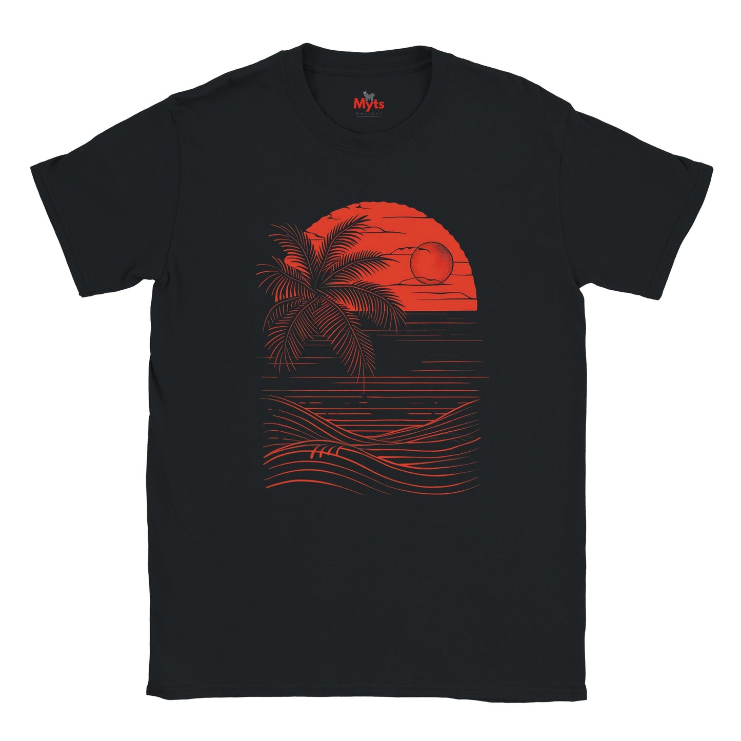 Black t-shirt with red palm tree and sunset design on a white background
