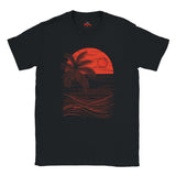Black t-shirt with red palm tree and sunset design on a white background