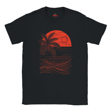Black t-shirt with red palm tree and sunset design on a white background