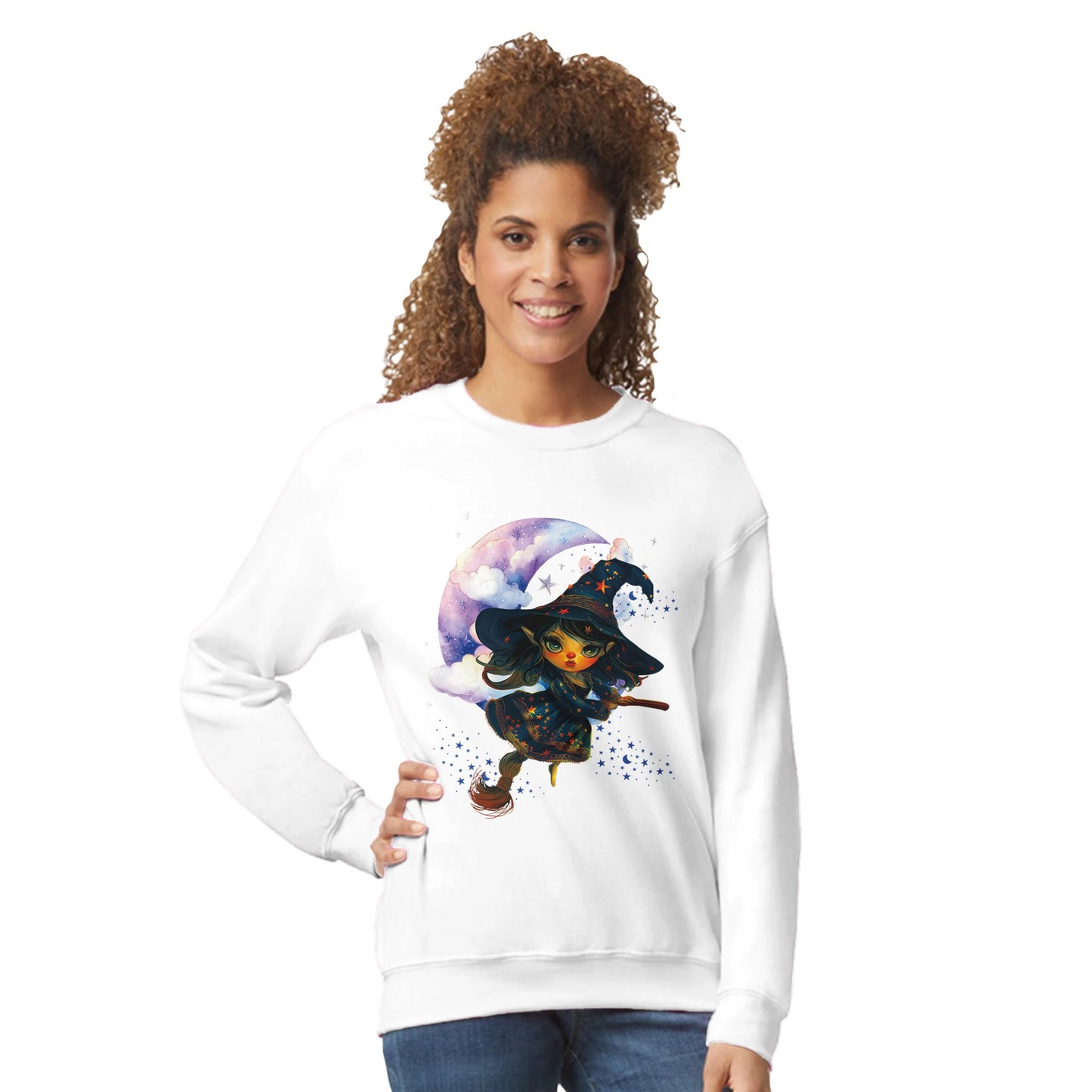 Woman wearing a white sweatshirt with a colorful witch design on a white background