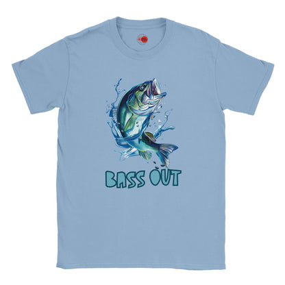 Light blue t-shirt with a bass fish graphic and 'BASS OUT' text on a white background