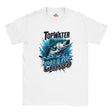 White t-shirt with a fish graphic and 'Top Water Chaos' text on a white background