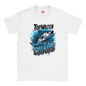 White t-shirt with a fish graphic and 'Top Water Chaos' text on a white background