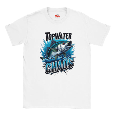 White t-shirt with a fish graphic and 'Top Water Chaos' text on a white background