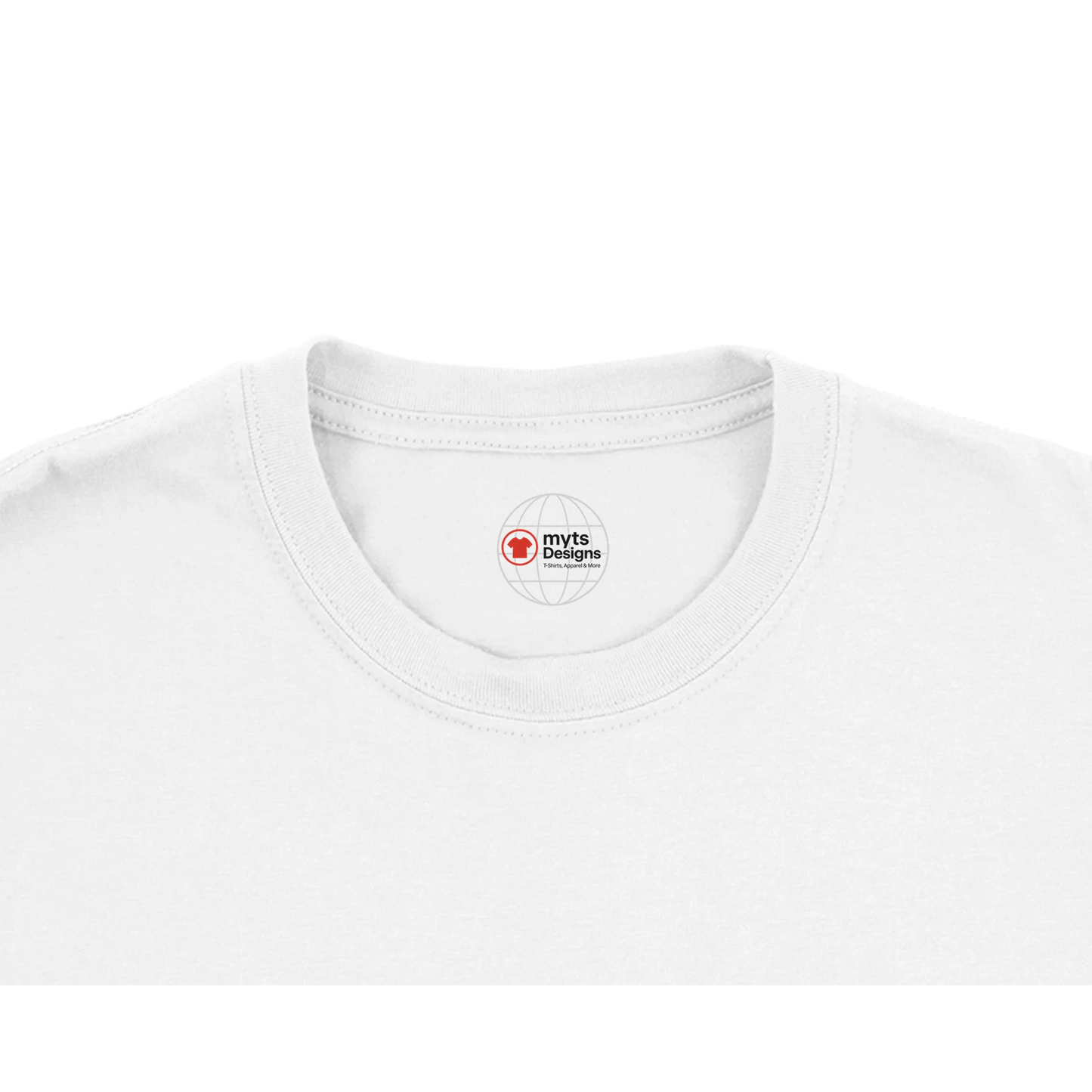 White t-shirt with logo on collar against a white background