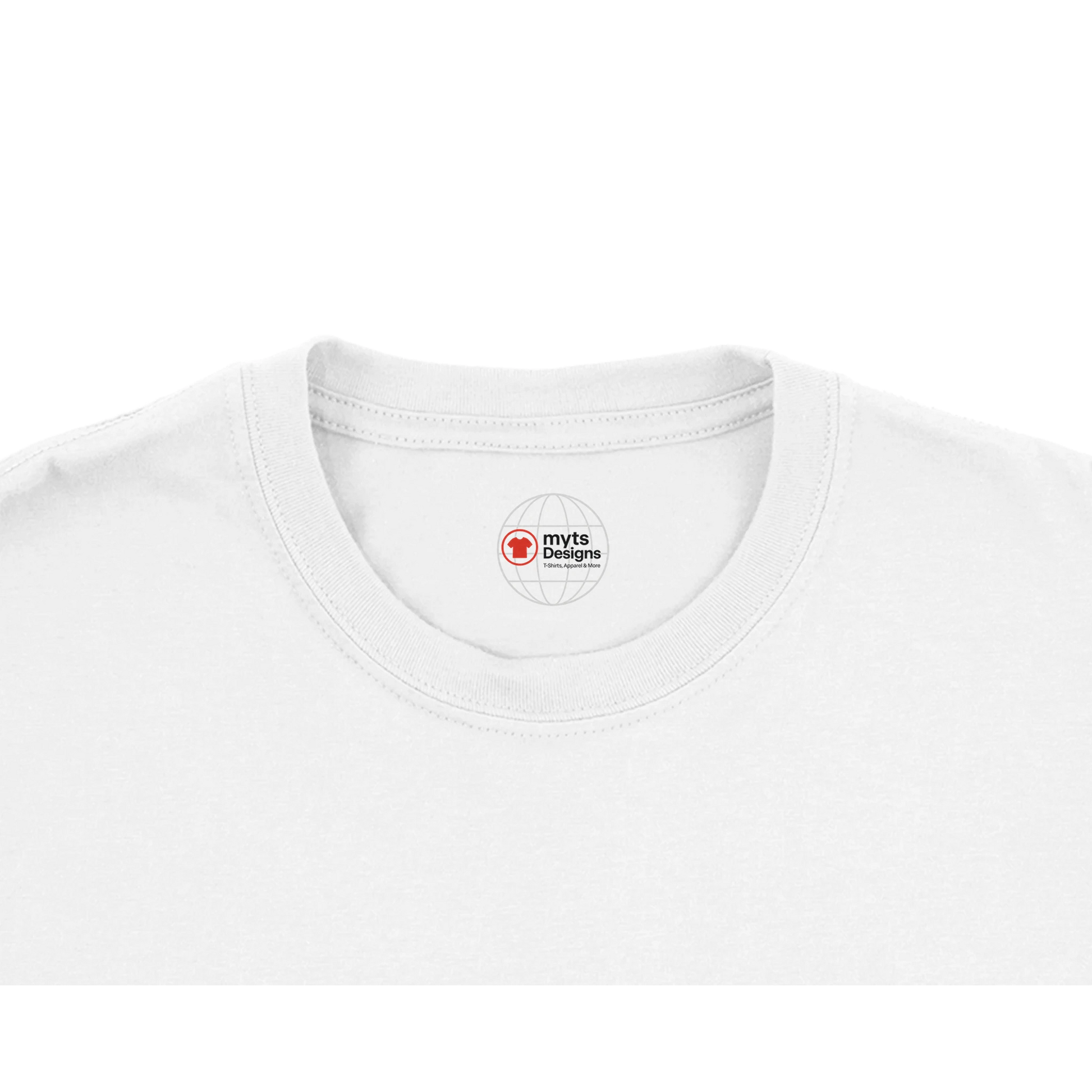 White t-shirt with logo on collar against a white background