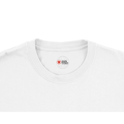 White t-shirt with logo on collar against a white background
