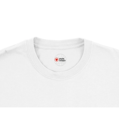 White t-shirt with logo on collar against a white background