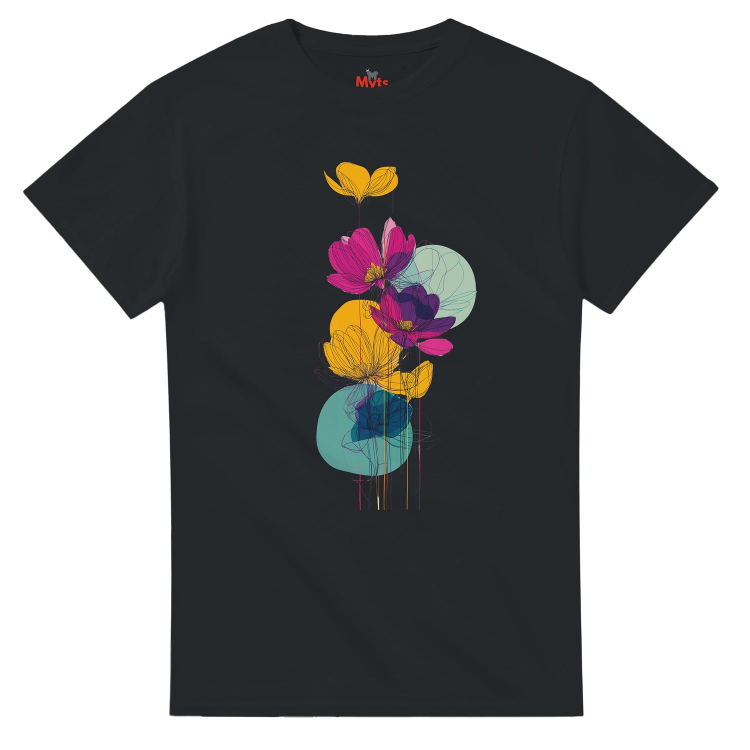 Black t-shirt with colorful floral design on a white background