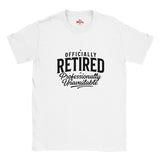 A white short-sleeve crewneck t-shirt with a black graphic print on the front that reads 'OFFICIALLY RETIRED Professionally Unavailable' in a mix of serif and script fonts. The inner neck label shows the brand 'Myts'.