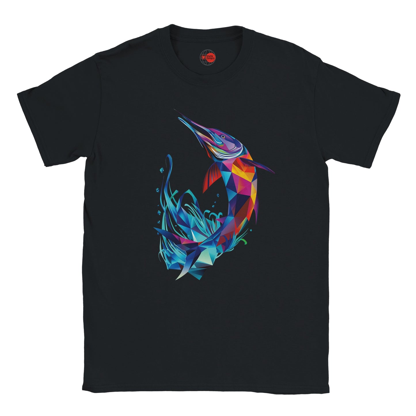 Black t-shirt with a colorful fish design on a white background