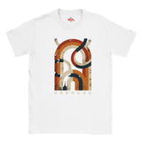 A white short-sleeve crewneck t-shirt featuring a large, distressed abstract graphic on the front in orange, beige, and dark navy, with the word 'UNBOUND' printed below.
