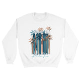 White sweatshirt with palm tree design and 'Paradise Trees' text on a white background