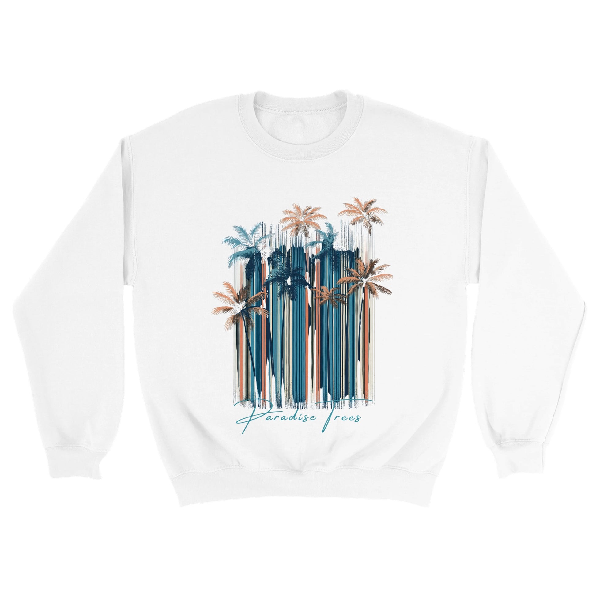 White sweatshirt with palm tree design and 'Paradise Trees' text on a white background