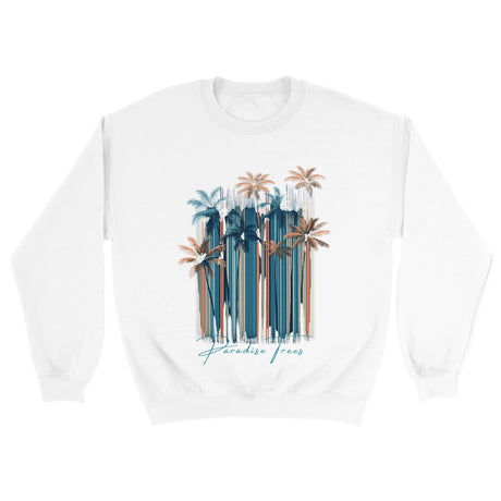 White sweatshirt with palm tree design and 'Paradise Trees' text on a white background