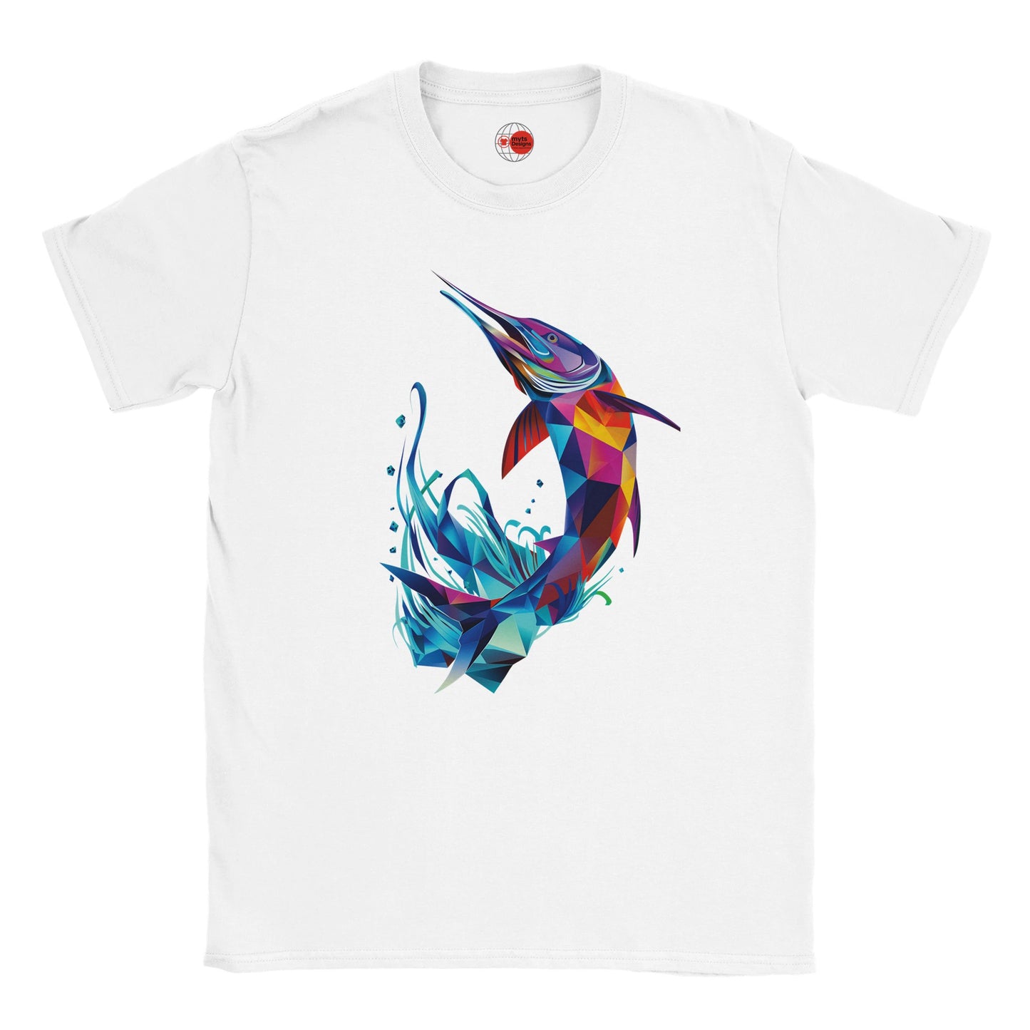 White t-shirt with a colorful fish design on a white background
