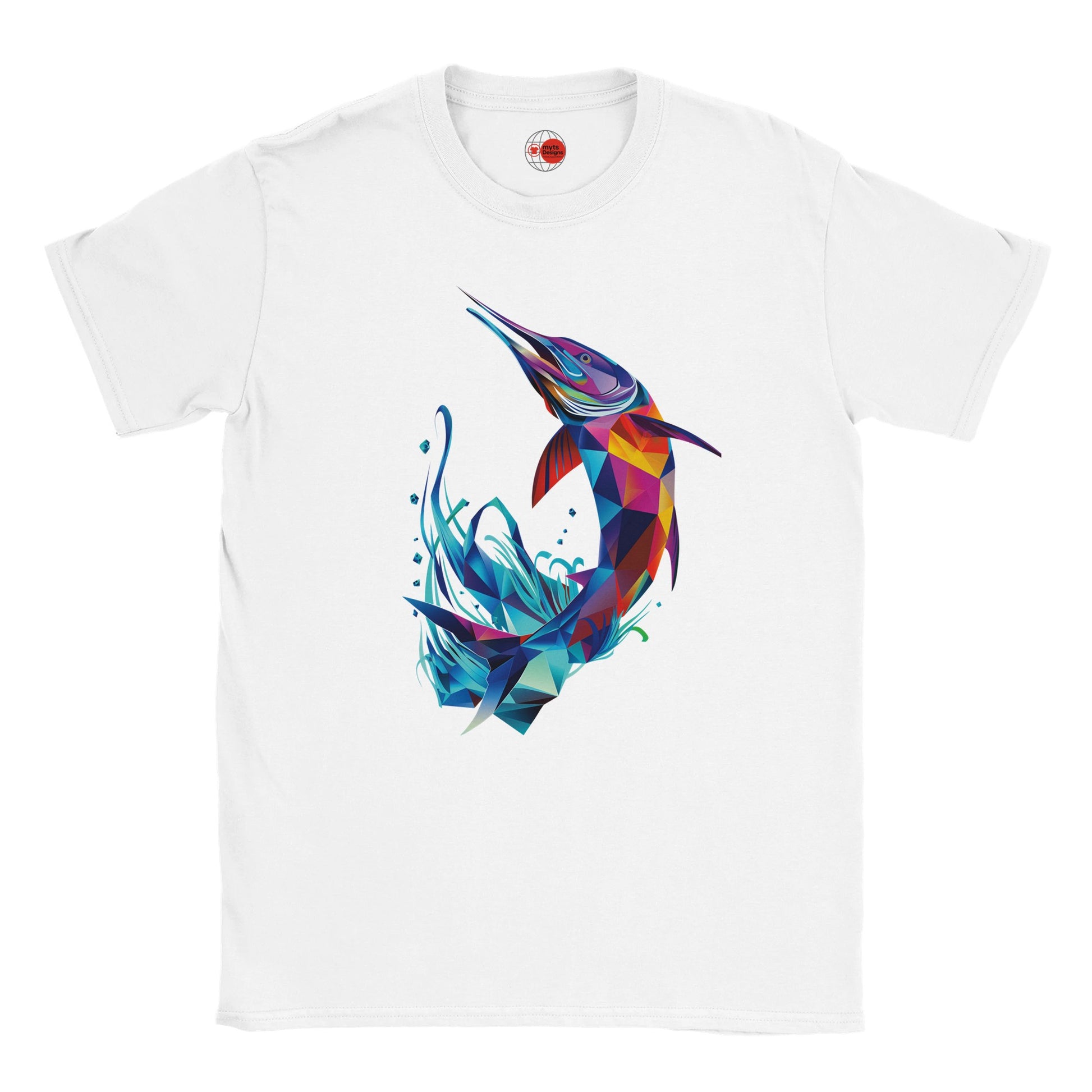 White t-shirt with a colorful fish design on a white background