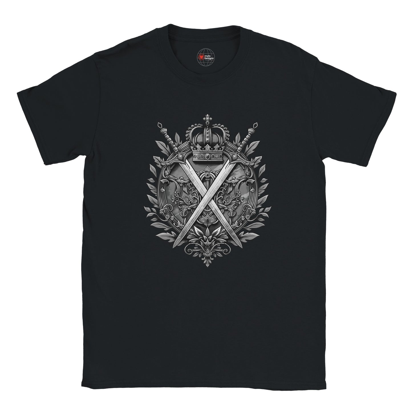 Black t-shirt with a detailed emblem design on a white background