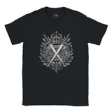 Black t-shirt with a detailed emblem design on a white background