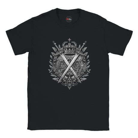 Black t-shirt with a detailed emblem design on a white background