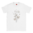 White t-shirt with floral design on a white background