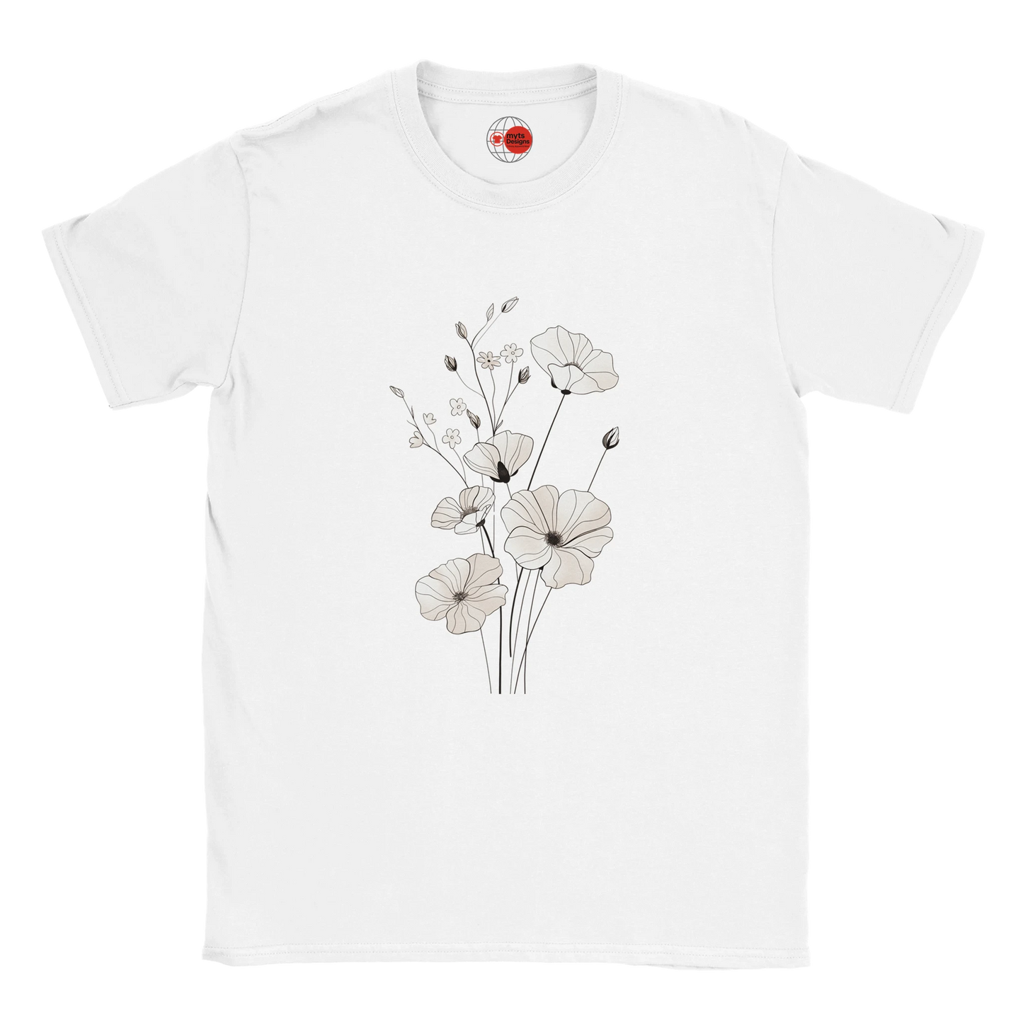 White t-shirt with floral design on a white background