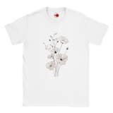 White t-shirt with floral design on a white background