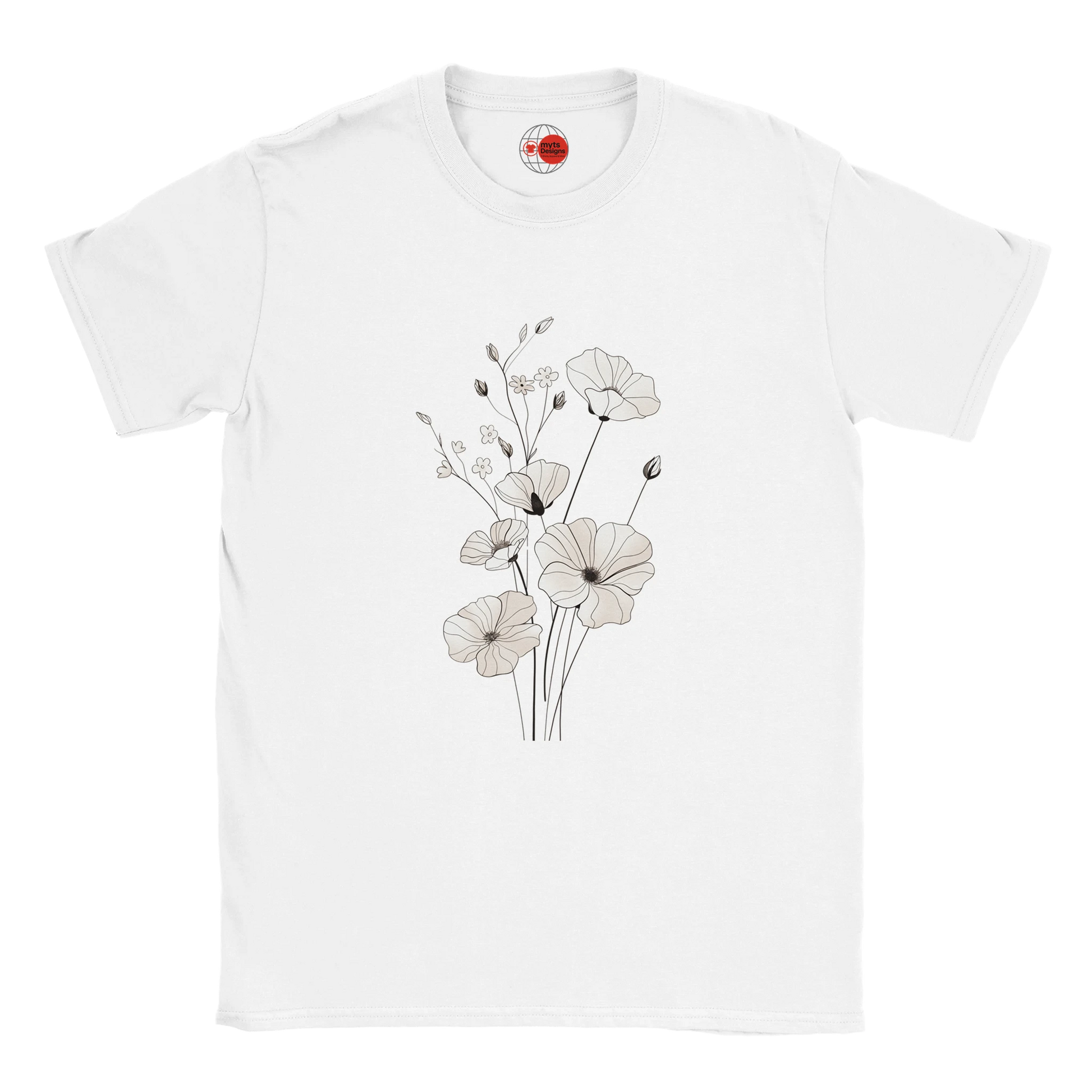 White t-shirt with floral design on a white background