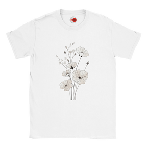White t-shirt with floral design on a white background