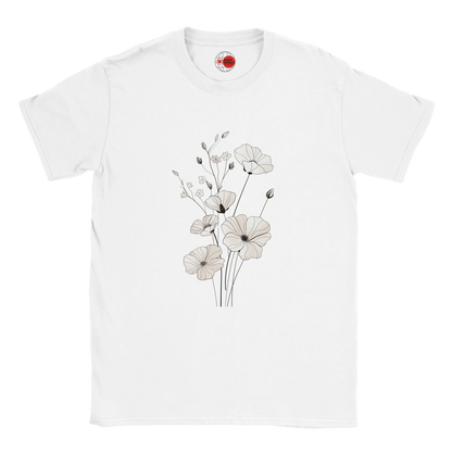White t-shirt with floral design on a white background